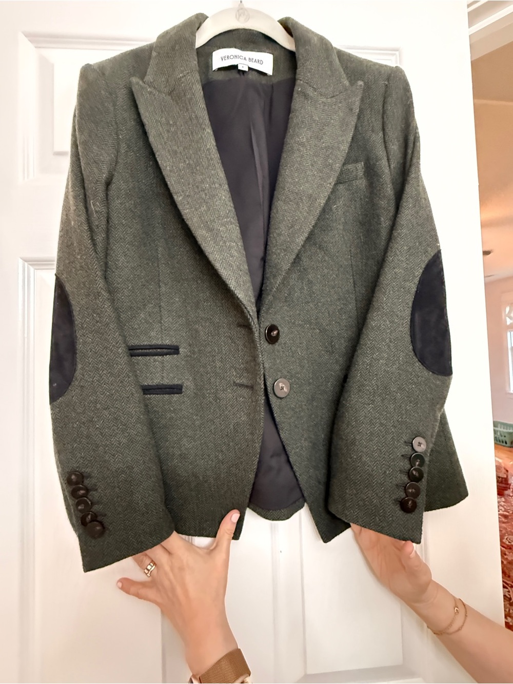 Veronica Beard Olive Green Herringbone Blazer with Elbow Patches